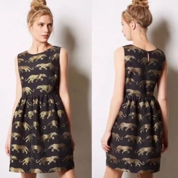 Anthropologie Eyedoll Black Gold Panther Cocktail Dress Pockets Fit Flare Size 0 - Picture 1 of 12